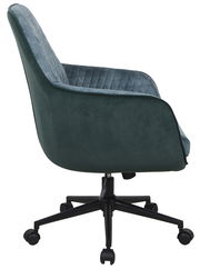 Seitenansicht eines grünen Drehstuhls mit gepolsterter Rückenlehne und schwarzem Fußgestell auf Rollen.