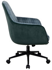 Seitenansicht eines grünen Drehstuhls mit gepolsterter Rückenlehne und schwarzem Fußgestell auf Rollen.