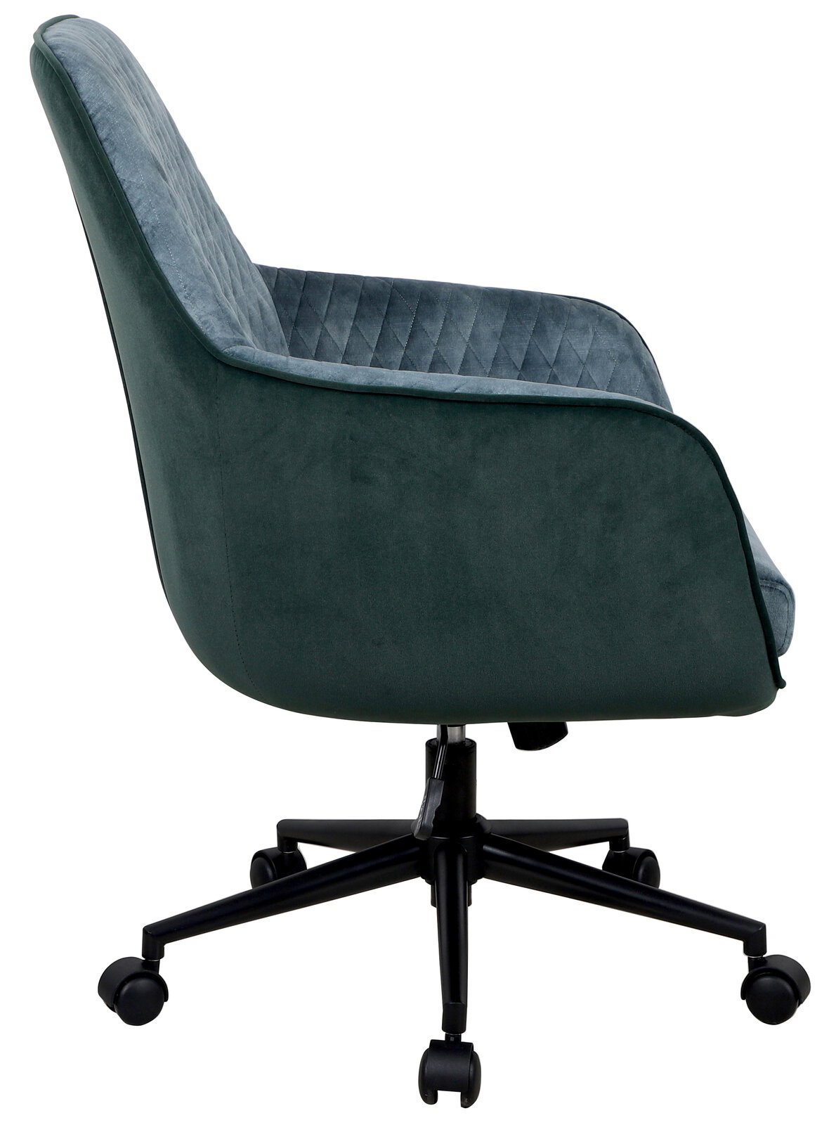 Seitenansicht eines grünen Drehstuhls mit gepolsterter Rückenlehne und schwarzem Fußgestell auf Rollen.