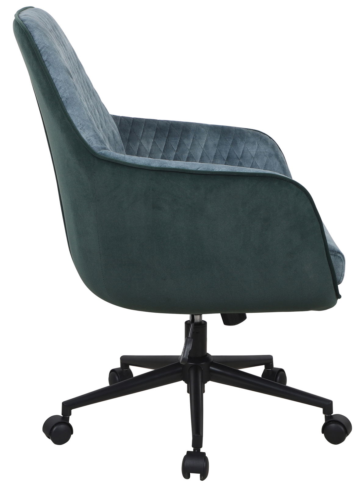 Seitenansicht eines grünen Drehstuhls mit gepolsterter Rückenlehne und schwarzem Fußgestell auf Rollen.