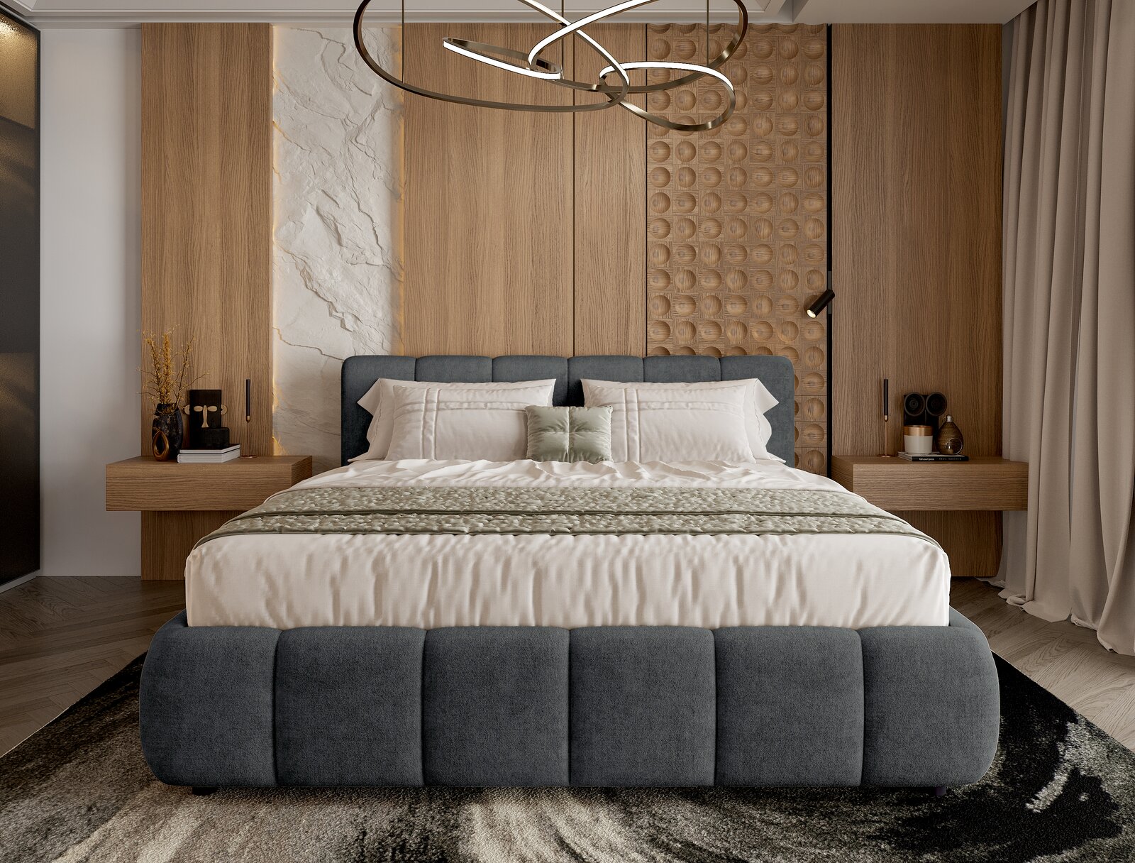 Modernes Polsterbettgestell in einem stilvollen Schlafzimmer, frontal betrachtet, mit Holzpaneelen und eleganter Beleuchtung.