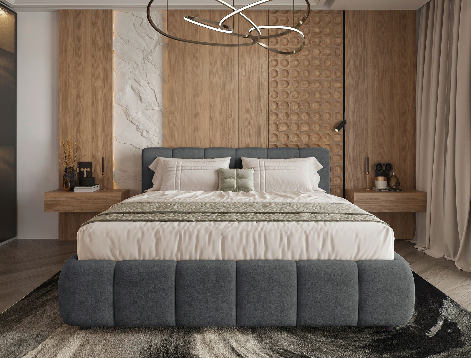 Modernes Polsterbettgestell in einem stilvollen Schlafzimmer, frontal betrachtet, mit Holzpaneelen und eleganter Beleuchtung.