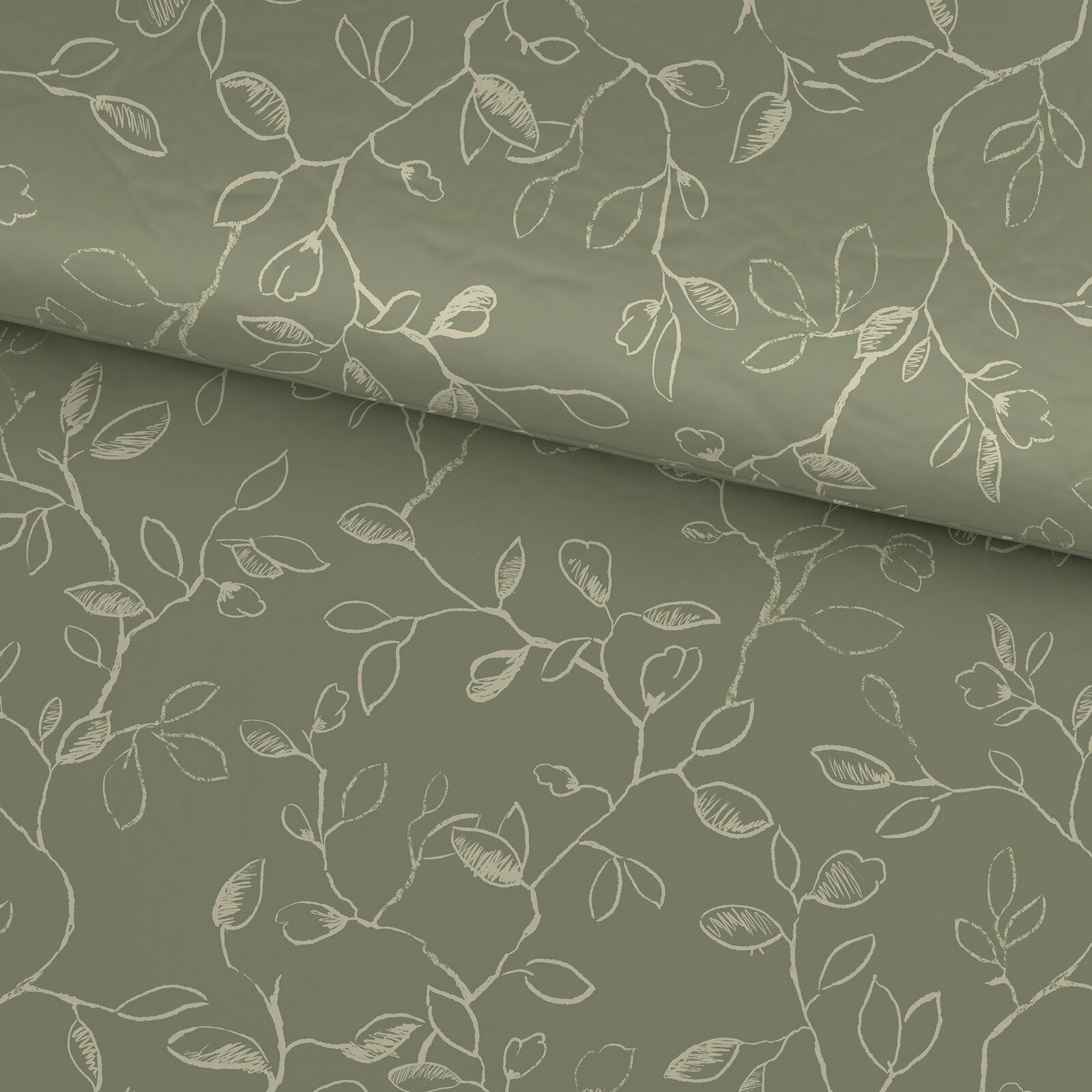 Grüne Bettwäsche mit floralem Muster aus weißen Zweigen und Blättern, aus der Vogelperspektive fotografiert.