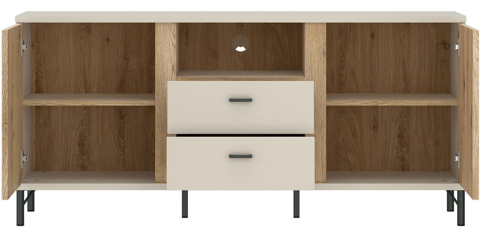 TV-Lowboard mit zwei offenen Türen, zwei Schubladen und einem Regalbrett, aus Holz mit schwarzem Metallgestell, Frontalansicht