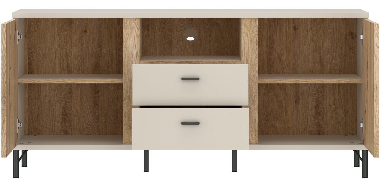 TV-Lowboard mit zwei offenen Türen, zwei Schubladen und einem Regalbrett, aus Holz mit schwarzem Metallgestell, Frontalansicht