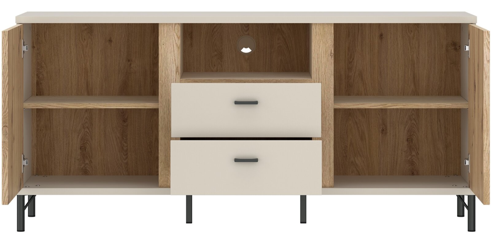 TV-lowboard met twee open deuren, twee lades en een plank, van hout met een zwart metalen frame, vooraanzicht
