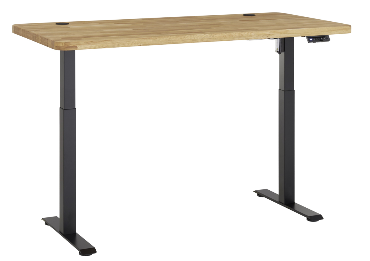 Höhenverstellbarer E-Schreibtisch mit Holzplatte und schwarzen Metallbeinen, seitliche Perspektive