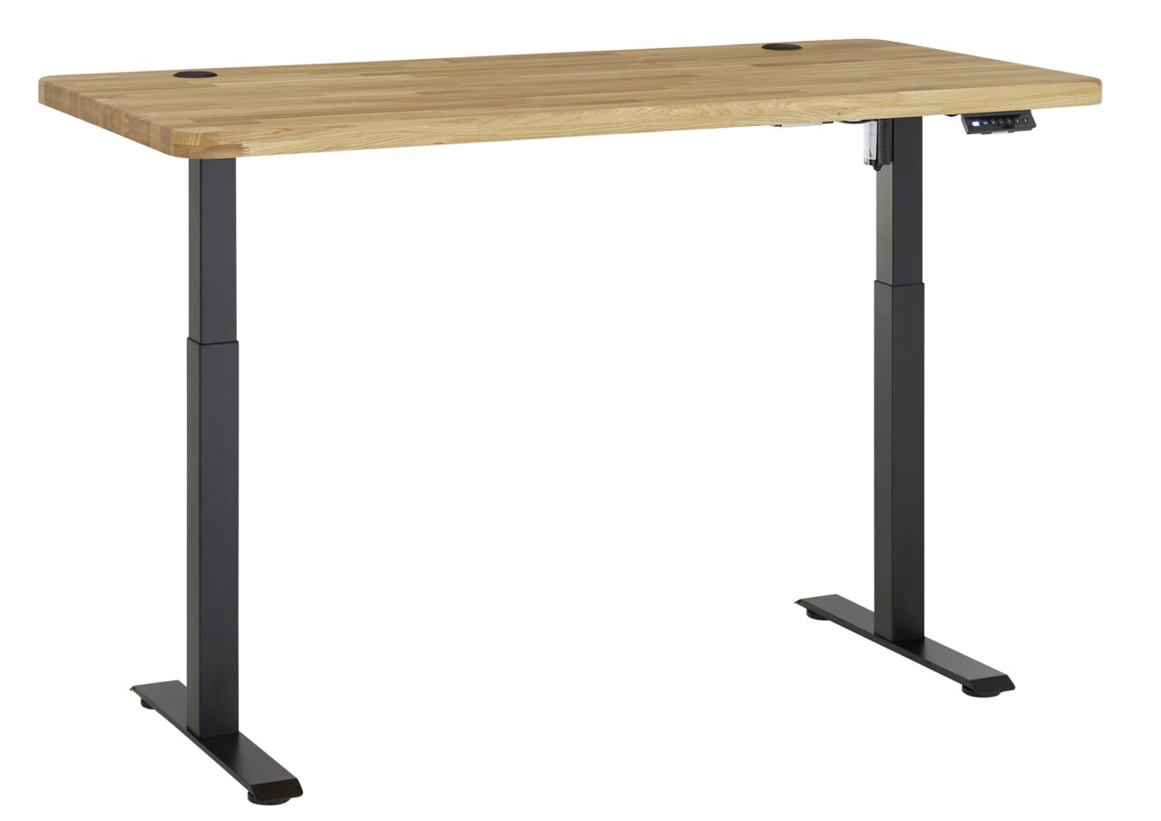 Höhenverstellbarer E-Schreibtisch mit Holzplatte und schwarzen Metallbeinen, seitliche Perspektive