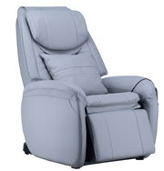 Grauer Massagesessel in seitlicher Perspektive mit verstellbarer Rückenlehne und Fußstütze.