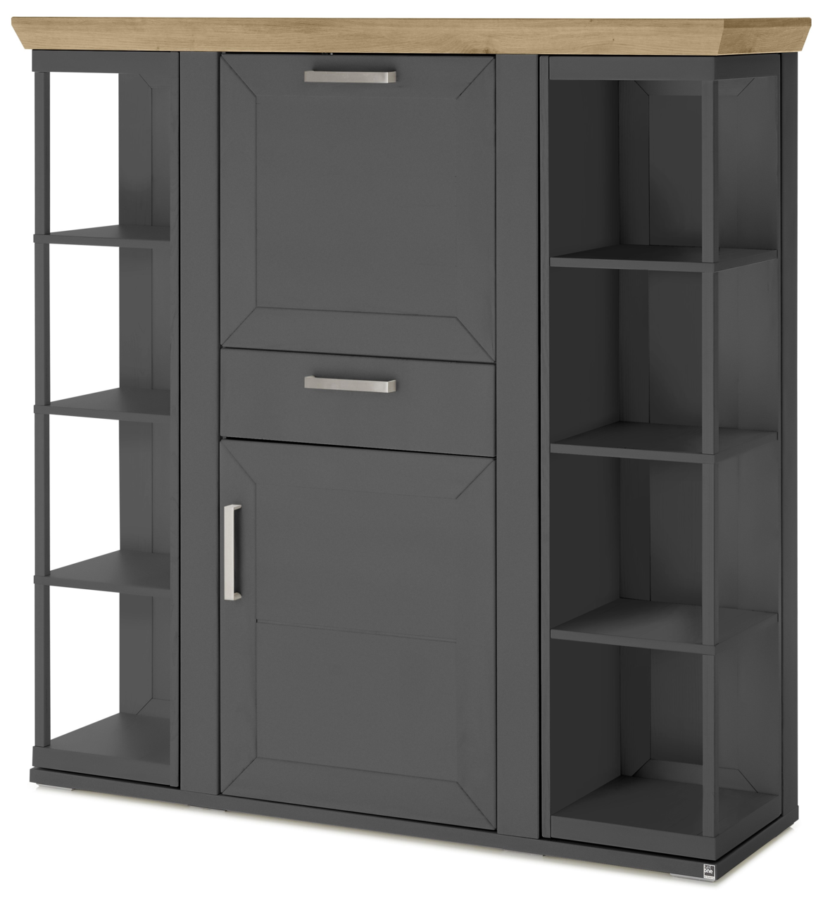Graues Highboard mit Karussell, Holzplatte oben, offene Regale an den Seiten, Frontalansicht
