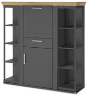Graues Highboard mit Karussell, Holzplatte oben, offene Regale an den Seiten, Frontalansicht