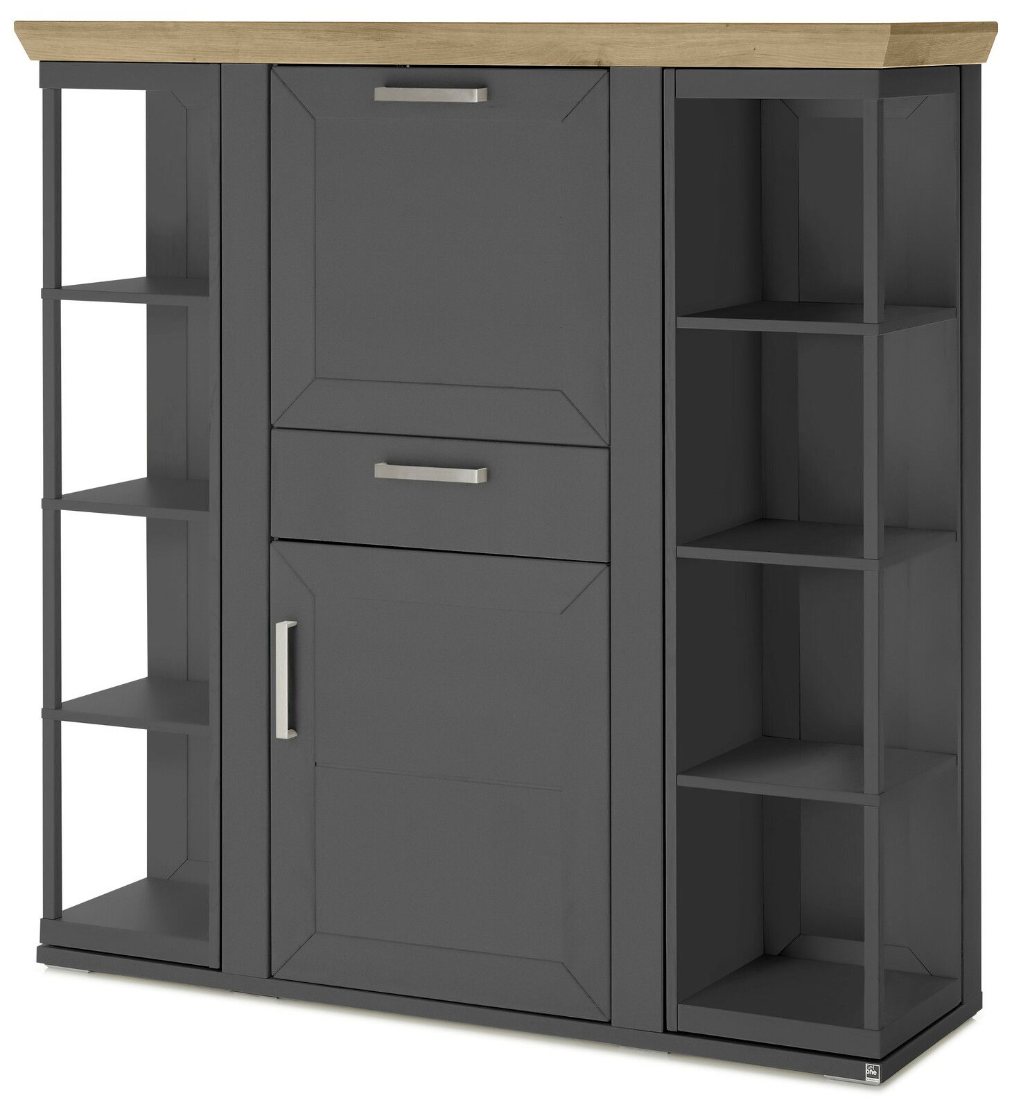 Graues Highboard mit Karussell, Holzplatte oben, offene Regale an den Seiten, Frontalansicht