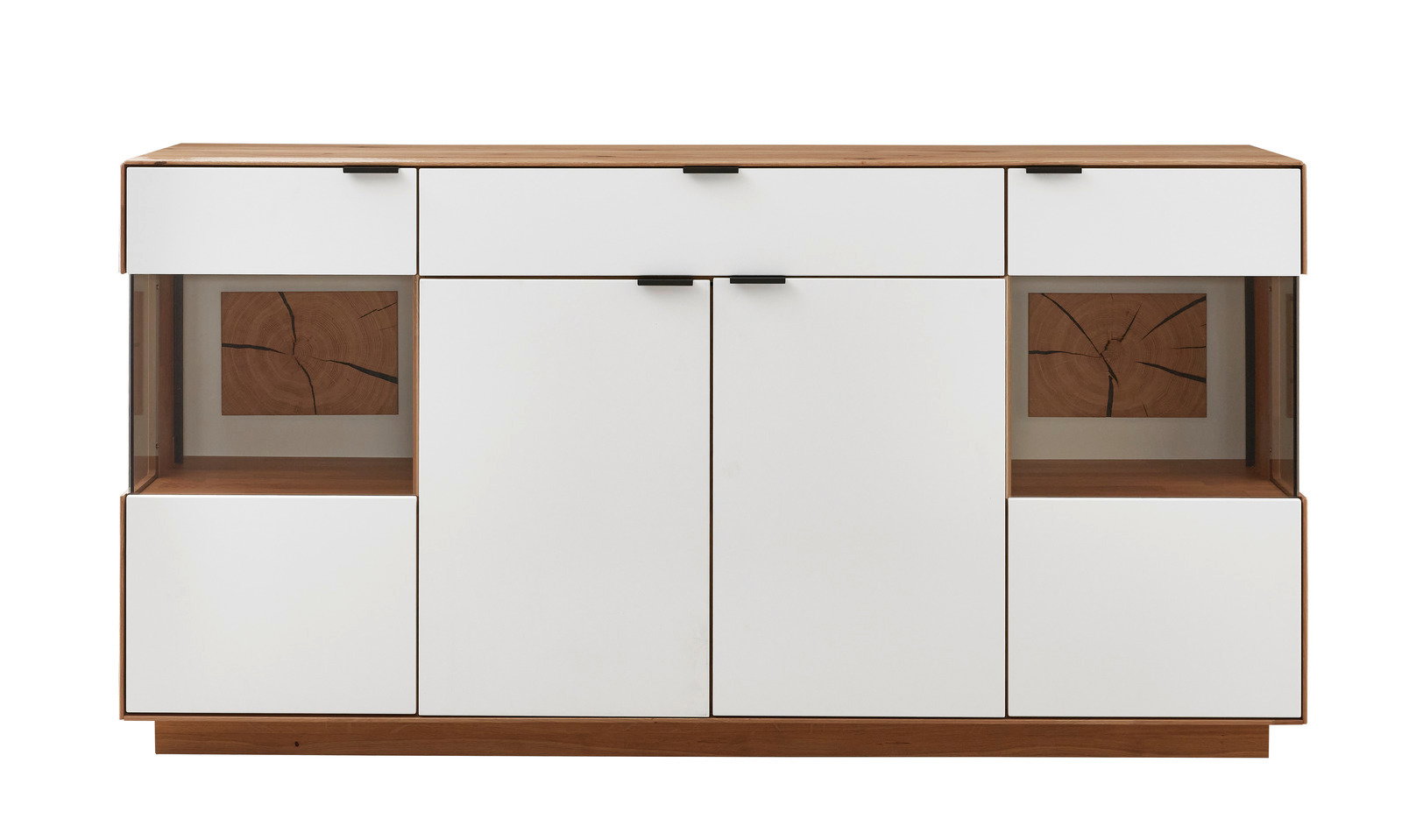 Modernes Sideboard mit weißer Front und Holzelementen, frontal betrachtet.