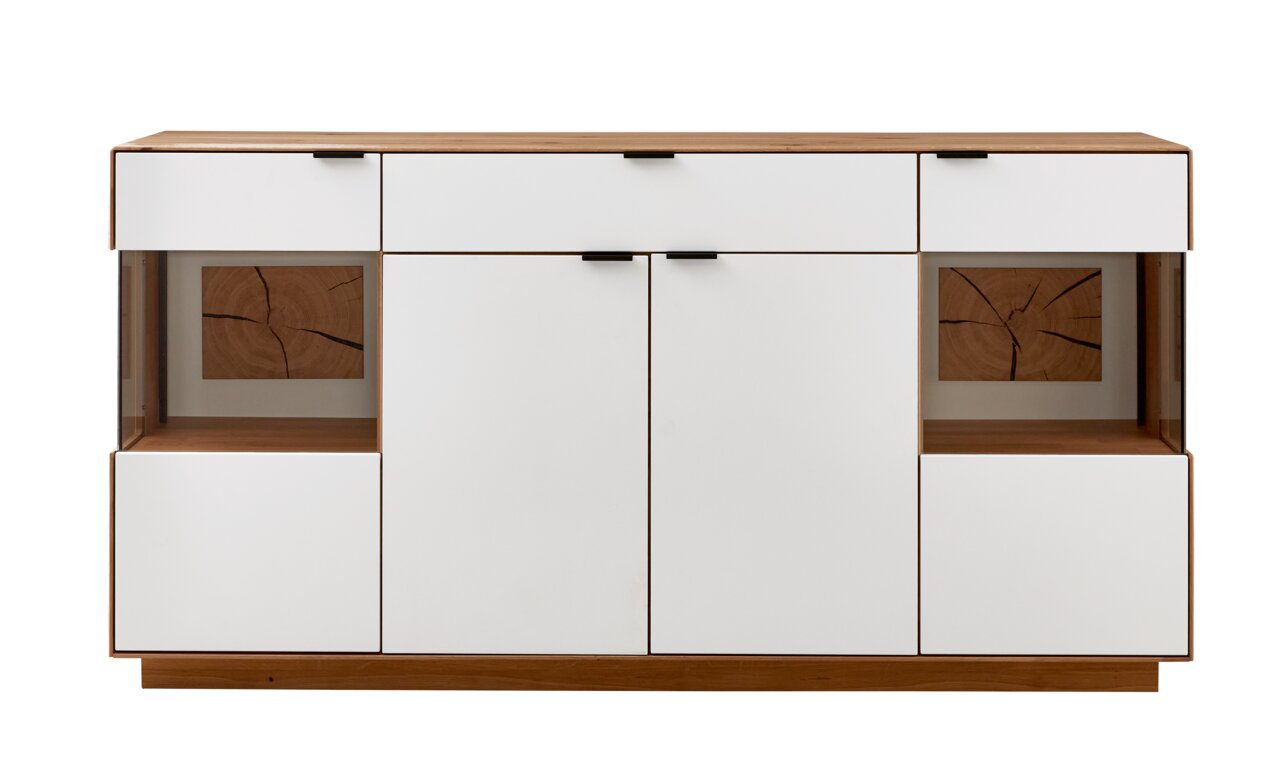 Modern dressoir met witte voorkant en houten elementen, gezien vanaf de voorkant.