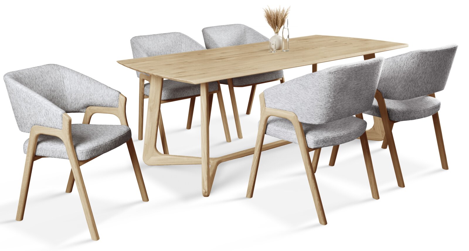 Linea Natura Armlehnstuhl HELSINKI Esszimmer-Set mit einem Holztisch und sechs grauen Armlehnstühlen aus Holz und Stoff, seitliche Perspektive