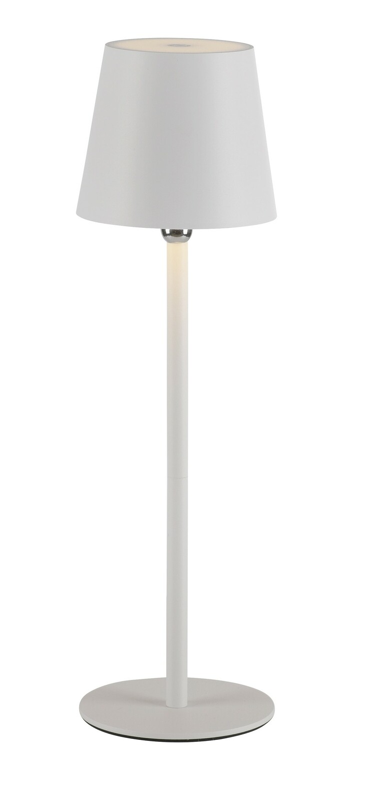 Weiße Akku-Tischleuchte BOTERIA in Frontalansicht mit schlichtem, modernem Design.