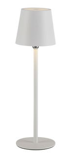 Weiße Akku-Tischleuchte BOTERIA in Frontalansicht mit schlichtem, modernem Design.