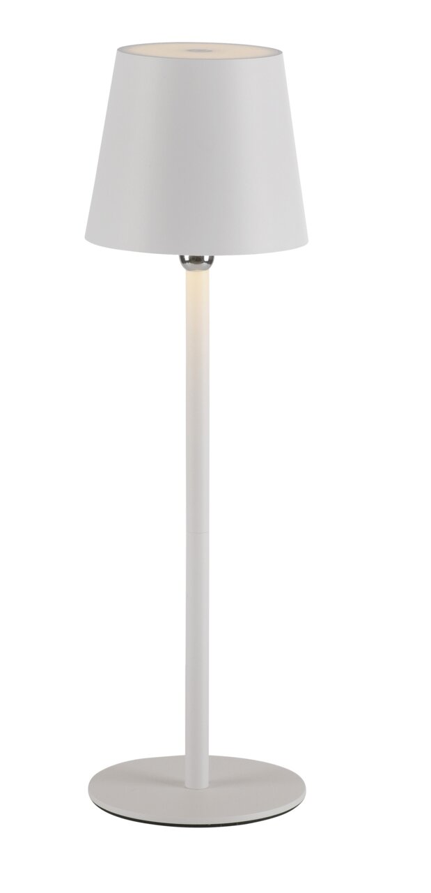 Witte accu-tafellamp BOTERIA in vooraanzicht, met een strak, modern ontwerp.