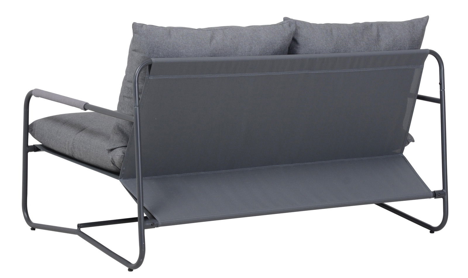 Rückansicht einer modernen Loungegarnitur mit grauen Kissen und Metallrahmen.
