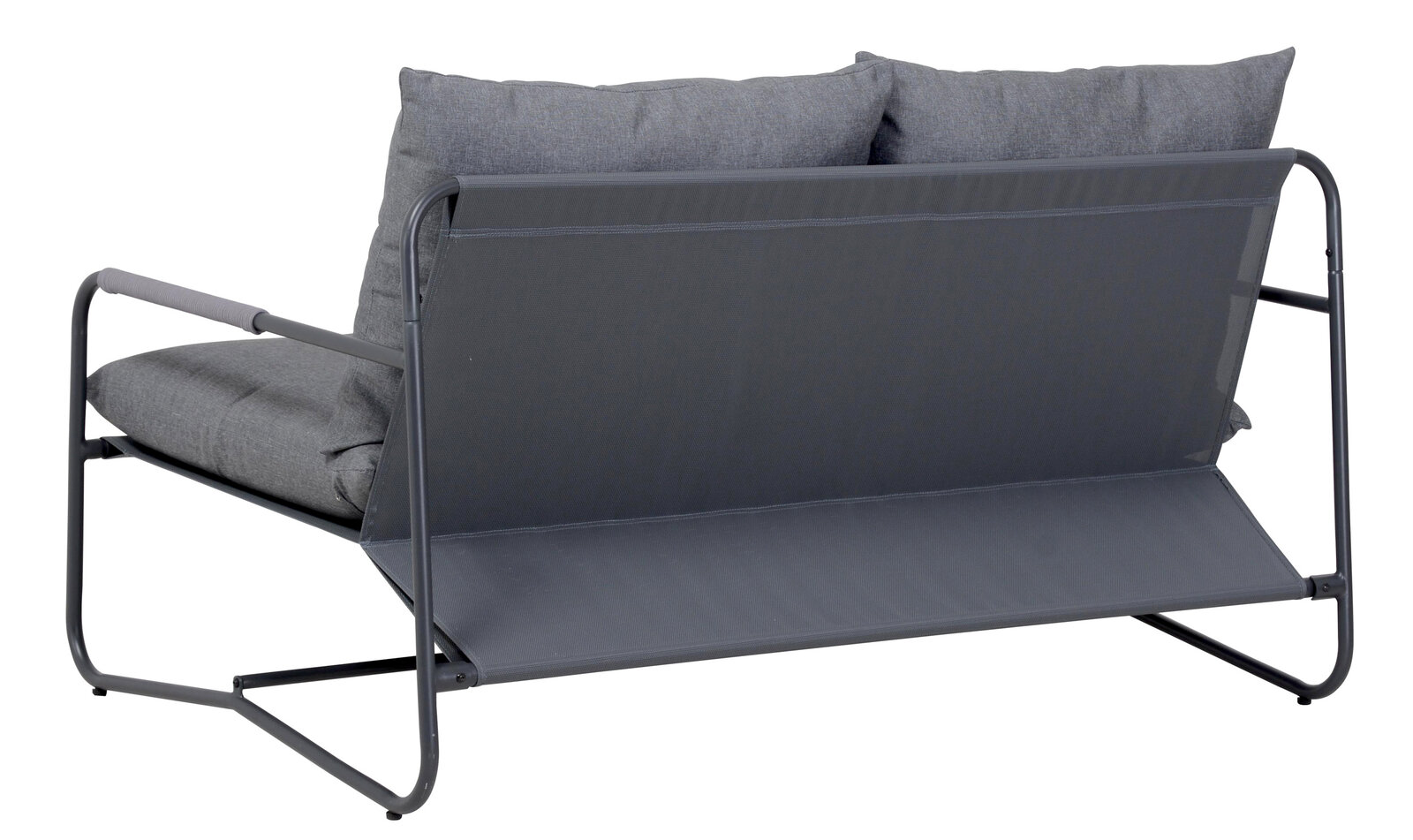 Rückansicht einer modernen Loungegarnitur mit grauen Kissen und Metallrahmen.