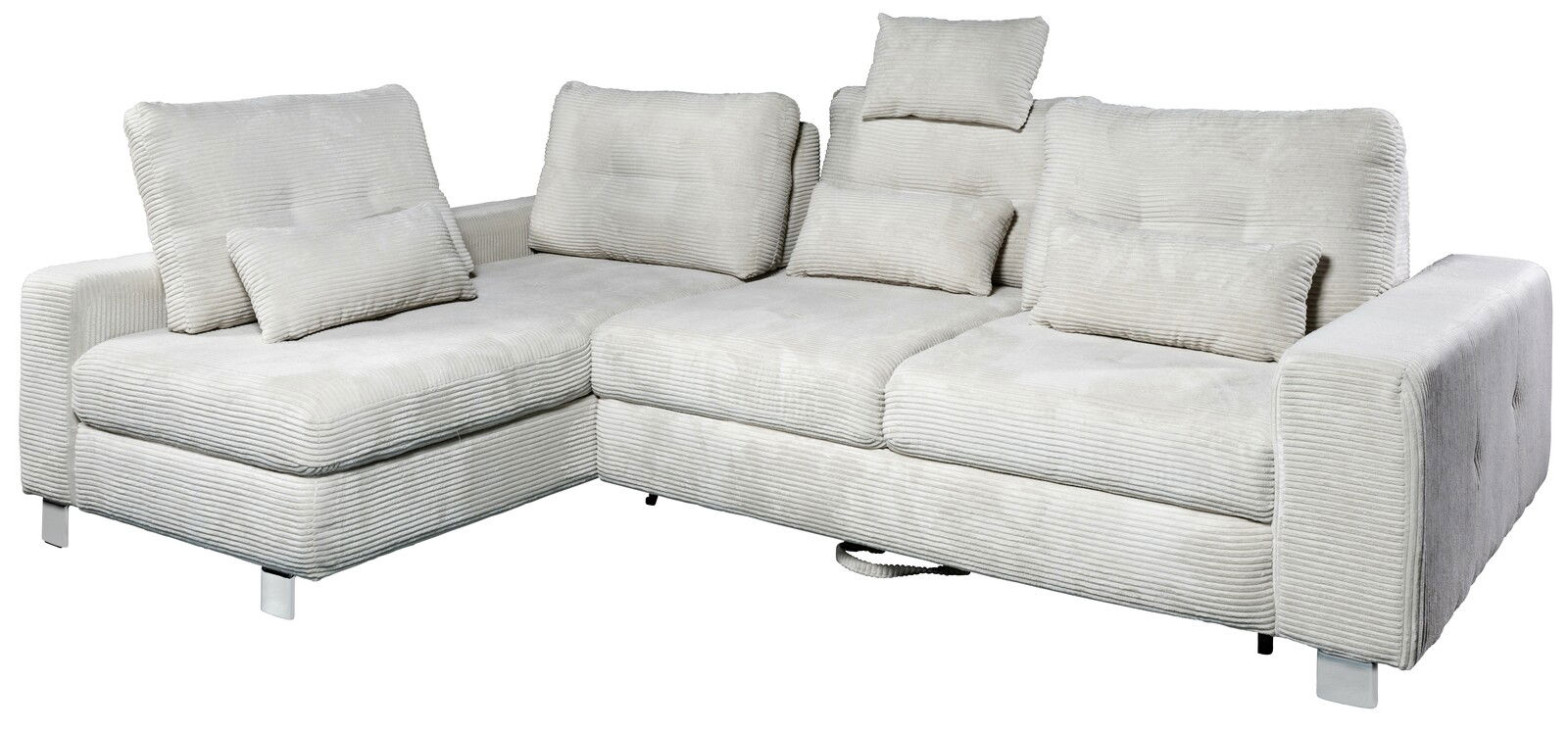 Großes, modernes Ecksofa in hellem Stoff mit Kissen, von schräg vorne fotografiert.