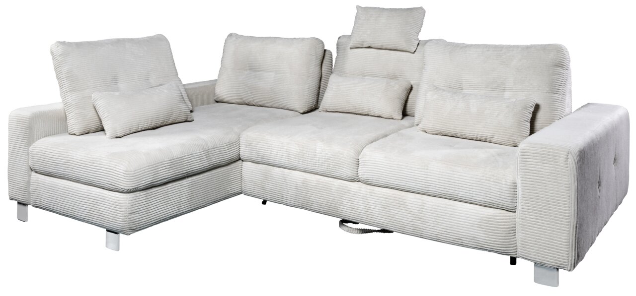 Großes, modernes Ecksofa in hellem Stoff mit Kissen, von schräg vorne fotografiert.