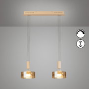 Zweiflammige Pendelleuchte mit rechteckigem Deckenbaldachin in Beige, zwei zylindrischen amberfarbenen Glasschirmen und warmweißem Licht, frontale Ansicht von unten an der Decke montiert