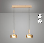 Zweiflammige Pendelleuchte mit rechteckigem Deckenbaldachin in Beige, zwei zylindrischen amberfarbenen Glasschirmen und warmweißem Licht, frontale Ansicht von unten an der Decke montiert