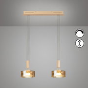 Hanglamp met twee lampen, voorzien van een rechthoekige plafondkap in beige, twee cilindervormige amberkleurige glazen kappen en warmwit licht; vooraanzicht van onderaf, gemonteerd aan het plafond