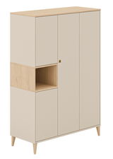 Moderner 4-türiger Kleiderschrank in hellem Holzdesign mit offener Ablage, seitliche Perspektive