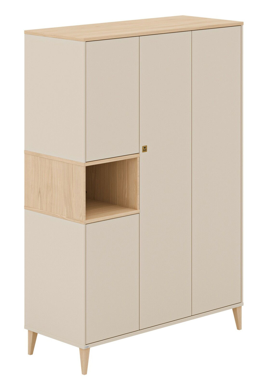 Moderner 4-türiger Kleiderschrank in hellem Holzdesign mit offener Ablage, seitliche Perspektive