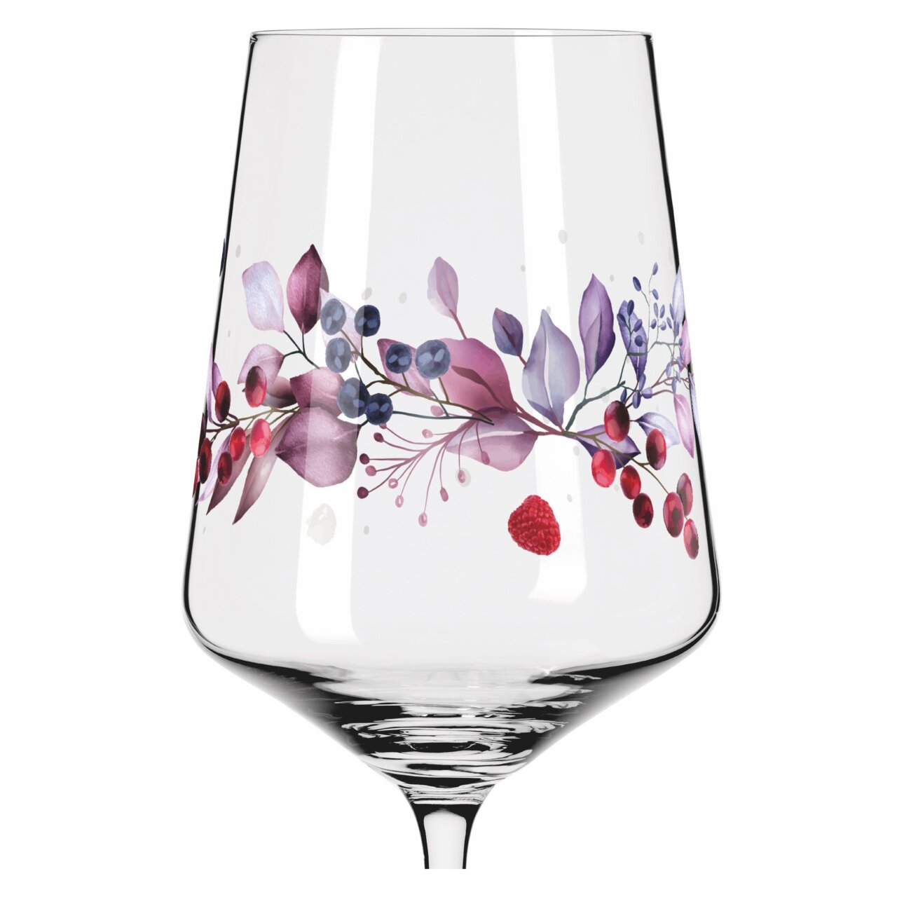 Wijnglas met bloemmotief in paarse en rode tinten, zijaanzicht