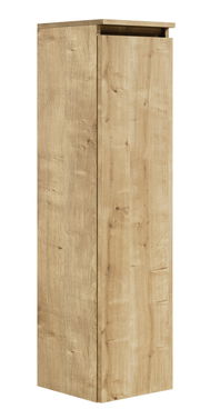 Hochformatiger Holzschrank mit natürlicher Holzmaserung, seitliche Perspektive
