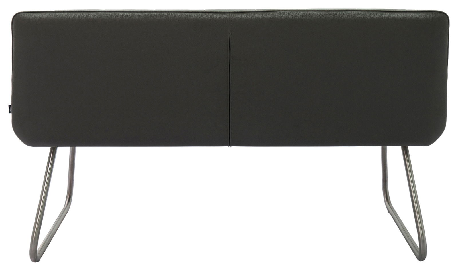 Rückansicht einer modernen Bank mit schwarzer Polsterung und Metallbeinen.
