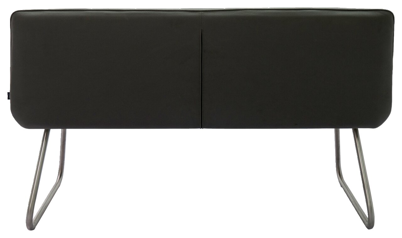 Rückansicht einer modernen Bank mit schwarzer Polsterung und Metallbeinen.