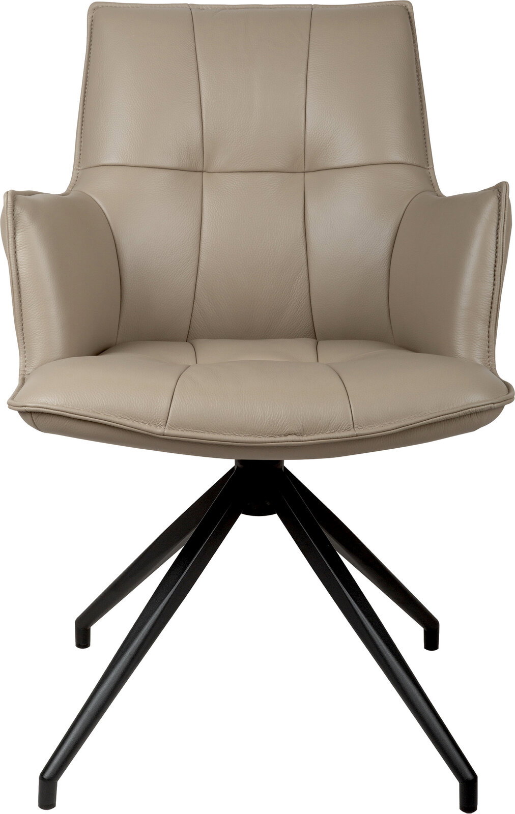 Beiger, gepolsterter Drehstuhl mit Armlehnen und schwarzem Metall-Fußkreuz, frontal von vorne in leichter Aufsicht freigestellt