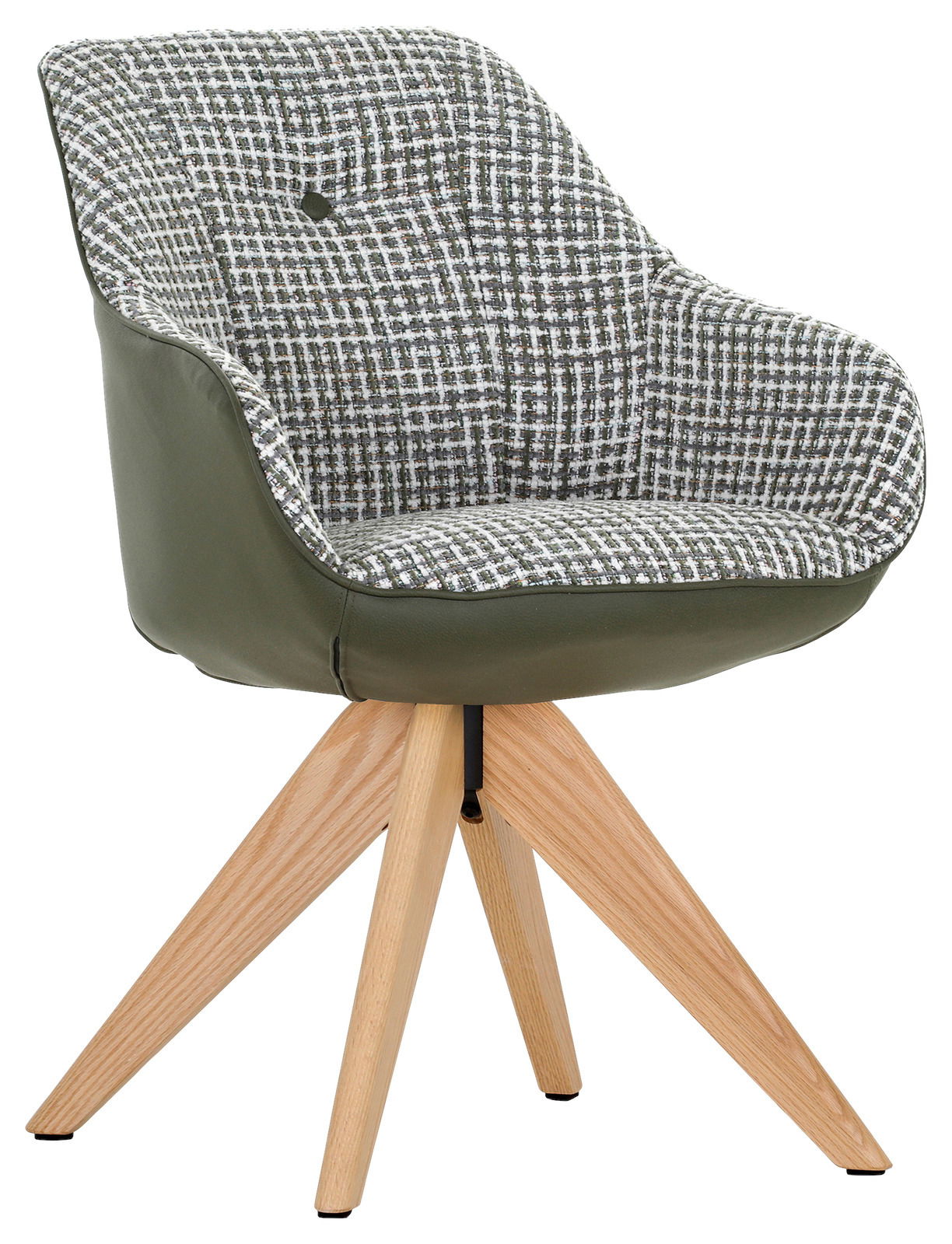 Moderner Armlehnstuhl mit grünem Leder und gemustertem Stoffbezug, Holzbeine, seitliche Perspektive