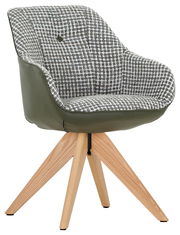 Moderner Armlehnstuhl mit grünem Leder und gemustertem Stoffbezug, Holzbeine, seitliche Perspektive