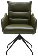 Grüner Armlehnstuhl mit gepolstertem Sitz und Rückenlehne, auf schwarzem Metallgestell, Frontalansicht