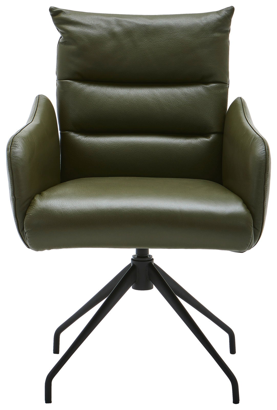 Grüner Armlehnstuhl mit gepolstertem Sitz und Rückenlehne, auf schwarzem Metallgestell, Frontalansicht