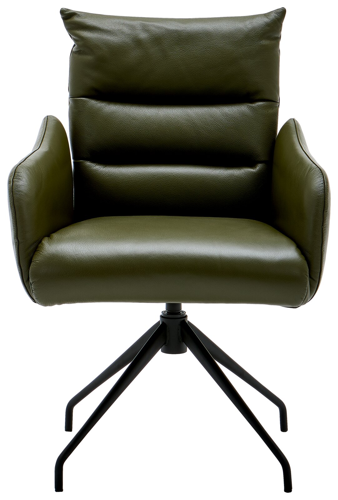 Grüner Armlehnstuhl mit gepolstertem Sitz und Rückenlehne, auf schwarzem Metallgestell, Frontalansicht