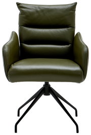 Grüner Armlehnstuhl mit gepolstertem Sitz und Rückenlehne, auf schwarzem Metallgestell, Frontalansicht