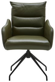 Grüner Armlehnstuhl mit gepolstertem Sitz und Rückenlehne, auf schwarzem Metallgestell, Frontalansicht