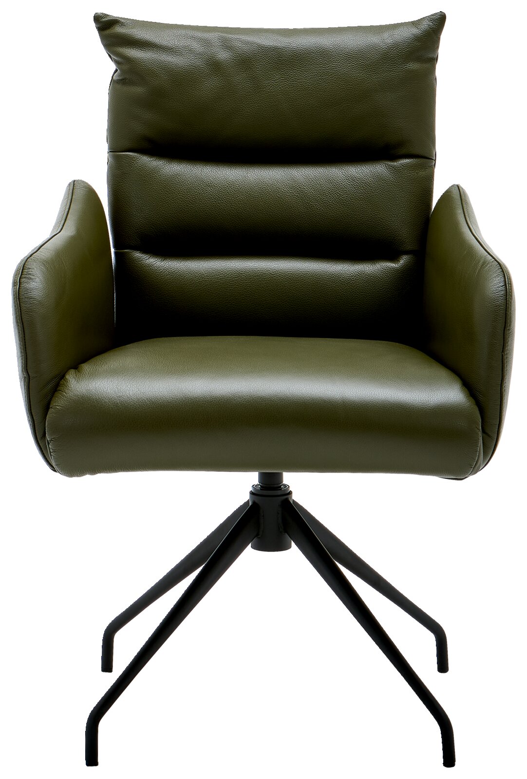 Groene fauteuil met gestoffeerde zitting en rugleuning, op een zwart metalen onderstel, vooraanzicht