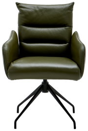 Groene fauteuil met gestoffeerde zitting en rugleuning, op een zwart metalen onderstel, vooraanzicht