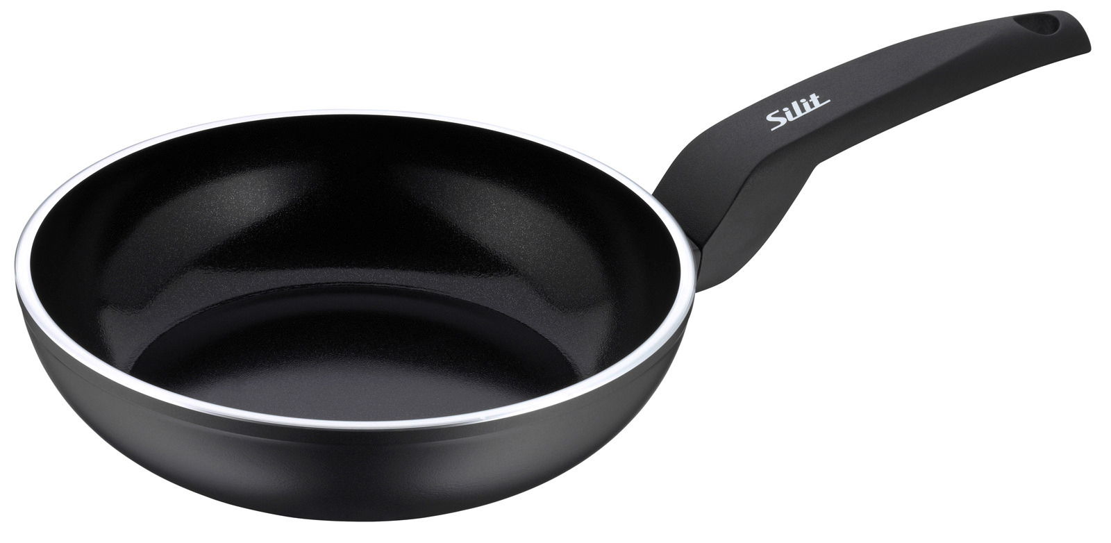 Schwarze Stielpfanne mit 20 cm Durchmesser, seitliche Perspektive, mit ergonomischem Griff und Silit-Logo.