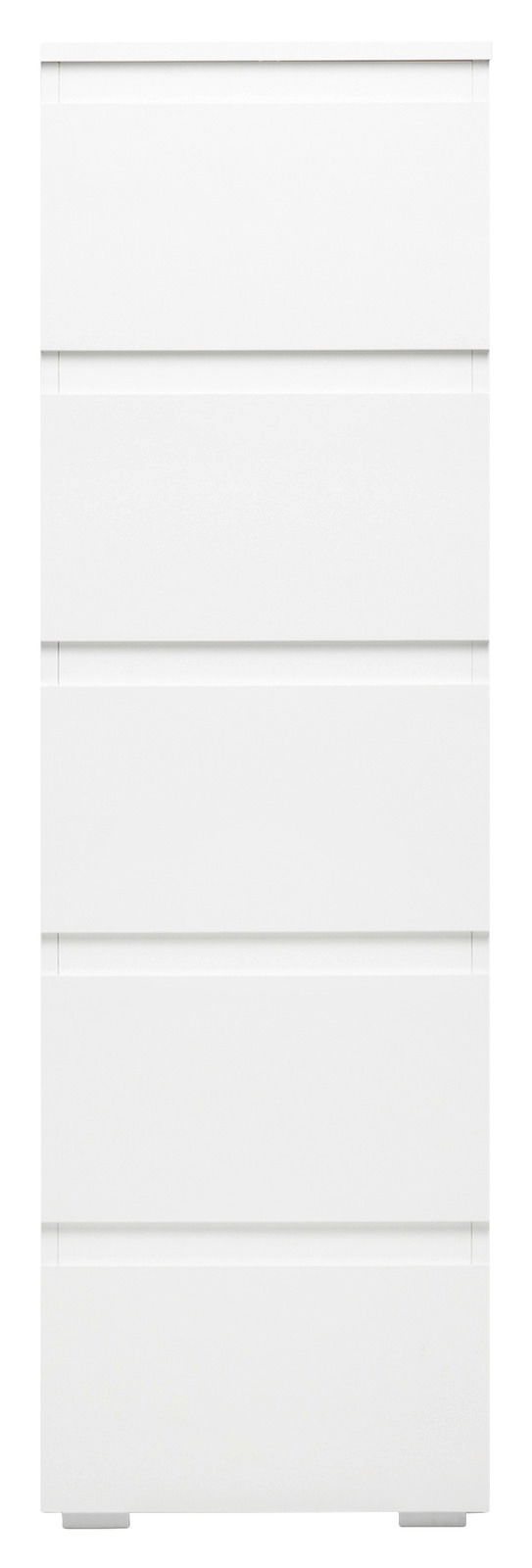 Weiße Kommode mit fünf Schubladen, frontale Ansicht