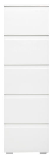 Weiße Kommode mit fünf Schubladen, frontale Ansicht