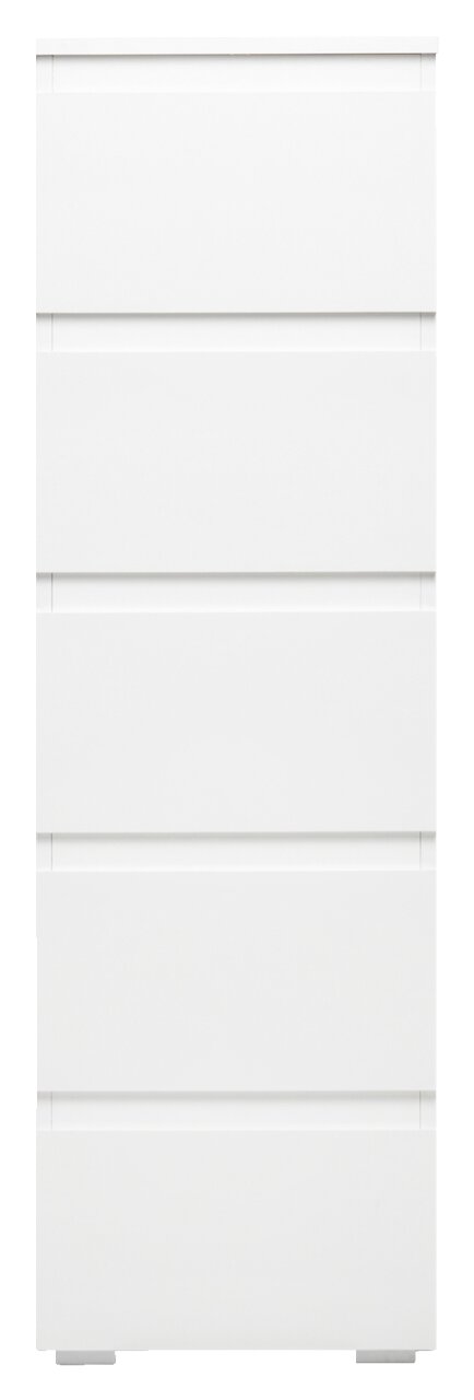 Weiße Kommode mit fünf Schubladen, frontale Ansicht