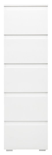 Weiße Kommode mit fünf Schubladen, frontale Ansicht